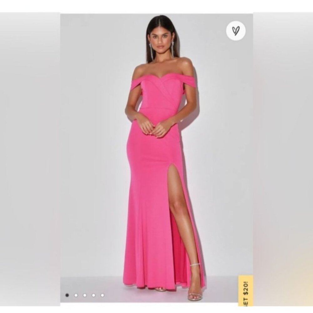 New! Lulus Song of Love Hot Pink Off the Shoulder Maxi Dress Side Slit Size Smal